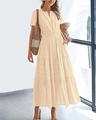 Detail of V-neck short sleeve apricot dress with elastic waist and layered hem design - Apricot