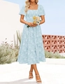 Detail of light blue midi dress showing square neck and smocked bodice texture - S / Dresses / Light Blue