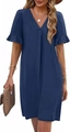 Detailed view of the V-neckline and ruffle short sleeves on a navy blue dress - S / Navy Blue