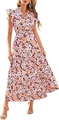 Abito lungo floreale rosa con scollo a V, maniche a volant e gonna a balze da donna - S / Floreale Arancio Albicocca