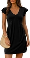 Short black V-neck mini dress with flutter sleeves and pleated detail in casual style - Black
