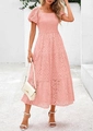 Detail of pink eyelet embroidery on a square neck smocked tiered midi dress - Pink