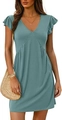 Dusty blue V-neck mini dress with ruffled sleeves and high waist pleated details - S / Bean Green