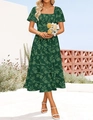 Detail view of square neck bohemian floral dress with smocked waist and tiered skirt - Dark Green