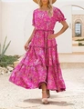 Detail of tiered ruffle skirt on a floral maxi dress with vibrant summer prints - Rose Red Floral