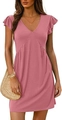 Pink V-neck mini dress with ruffle flutter sleeves and pleated waist details - Pink