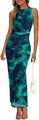 Robe longue froncée sans manches à imprimé floral en maille vert foncé et bleu - 2XL / Vert