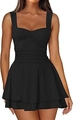 Detailed view of the sleeveless sweetheart neckline and ruched waist on this black mini dress - S / Black