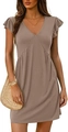Women's V-neck taupe mini dress featuring flutter sleeves and waist pleated details - S / Khaki