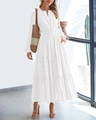 Detail of white long sleeve tiered maxi dress with V-neck and ruched waist design - S / White
