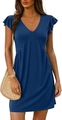 Dark blue V-neck mini dress with ruffled cap sleeves and relaxed fit pleated design - S / Blue