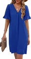Detail of V-neckline and ruffle short sleeves on a royal blue casual midi dress - S / Blue