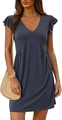 Women's V-neck dark grey blue mini dress with flutter sleeves and pleated waist details - S / Grey Blue