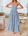 Detail of light blue tiered smocked strapless dress with ruffled layers and a long flowy hem - Blue Gray