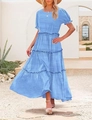 Nahaufnahme von himmelblauem Stufenkleid mit Puffärmeln und Details am Rüschensaum - S / Hellblau Texturiert