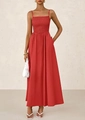 Close-up of smocked bodice and spaghetti straps on the red summer maxi dress - S / Red