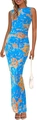Abito lungo senza maniche in mesh con stampa floreale blu e arancione dalla vestibilità slim - S / Azzurro
