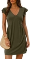 Dark green V-neck mini dress with flutter sleeves and casual A-line silhouette - Olive Green