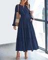 Robe longue à manches longues avec col en V, taille élastique et jupe à plusieurs niveaux - Bleu marine