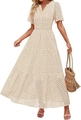 Abito lungo a balze con scollo a V e pizzo sangallo beige per le vacanze estive - Bianco Sporco