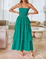 Detail of teal tiered maxi dress featuring a smocked bodice and layered ruffle design - S / Green