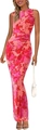 Robe longue moulante sans manches à imprimé floral rose et corail avec fronces - S / Rose rouge