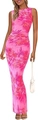 Robe longue en mesh sans manches avec imprimé de feuilles de palmier tropicales roses - S / Rose