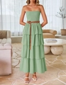 Detail of sage green strapless tiered maxi dress with ruched bodice and thin brown belt - S / Light Green