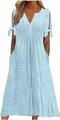 Light blue V-neck eyelet cotton dress with button front and tied sleeve cuffs - S / Light Blue