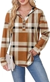 Close-up of V-neck buttons and drawstring detail on brown plaid long sleeve hoodie - S / Tan