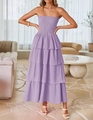 Detail of lavender strapless tiered maxi dress with elastic smocked bodice and ruffles - S / Violet