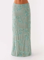 Close-up of sequin floral embroidery and beaded detailing on a green long skirt - S / Mint Green