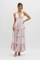 Detail of light pink tiered satin dress with deep V-neck and ruffled layered hemline - S / Light Purple