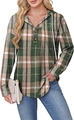 Detail view of V-neck button closure and drawstring hood on green plaid pullover hoodie - Green