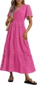 Fuchsia maxi-jurk met V-hals, opengewerkte borduring, korte mouwen en een strokenrok - XS / Rozerood