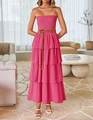 Detail von gesmoktem Oberteil und gestuftem Maxikleid in Pink mit Flechtgürtel - Fuchsia