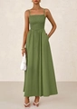 Sage green smocked sundress with thin straps and side pockets on a flowing A-line skirt - Army Green