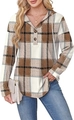 Close-up of V-neck button detail on a brown plaid long sleeve hoodie for women - S / Camel
