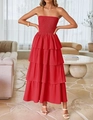 Detail of red tiered ruffle maxi dress with smocked bodice and layered summer skirt - S / Red