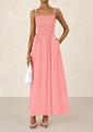 Detail of smocked pink spaghetti strap maxi dress with a flowing A-line skirt for summer - S / Pink