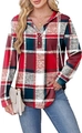 Detail of red plaid hoodie featuring a V-neckline with vintage buttons and white drawstrings - Red