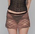 Close-up of brown floral lace fabric detail on semi-sheer summer mini skirt - S / Light Brown