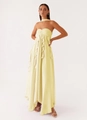 Detail of light yellow strapless maxi dress featuring vertical ruffles and matching choker - S / Yellow
