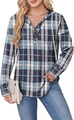 Detail of V-neck buttons and blue plaid pattern on women hoodie sweatshirt with drawstrings - S / Dark Blue