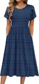 Marineblauwe jurk met witte stippen, ronde hals en elegante bloembladmouwen - S / Marine Stippen