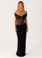 Close-up of elegant black lace embroidery and off-shoulder neckline on the dress - S / Black