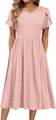 Roze midi-jurk met stippen met elegante bloembladmouwen en een hoge taille pasvorm - S / Roze Stippen