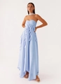 Detail of light blue chiffon maxi dress with cascading ruffles and halter neck design - S / Blue