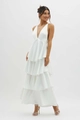 Detail of white tiered cake dress with a deep V-neck and silky sleeveless design - S / White