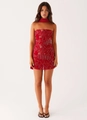 Detail of red sequin floral embroidery and hanging beadwork on a bodycon mini dress - L / Red